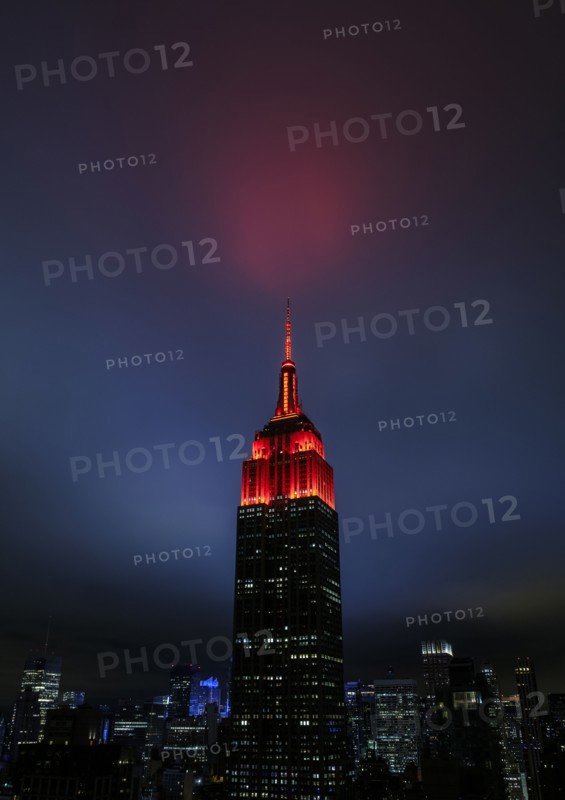 USA, New York State, New York City, Spire of Empire State Building at night. USA, New York, New York City.