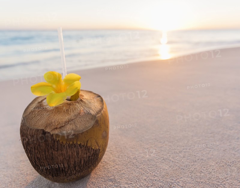 Tropical cocktail in coconut shell on sandy beach