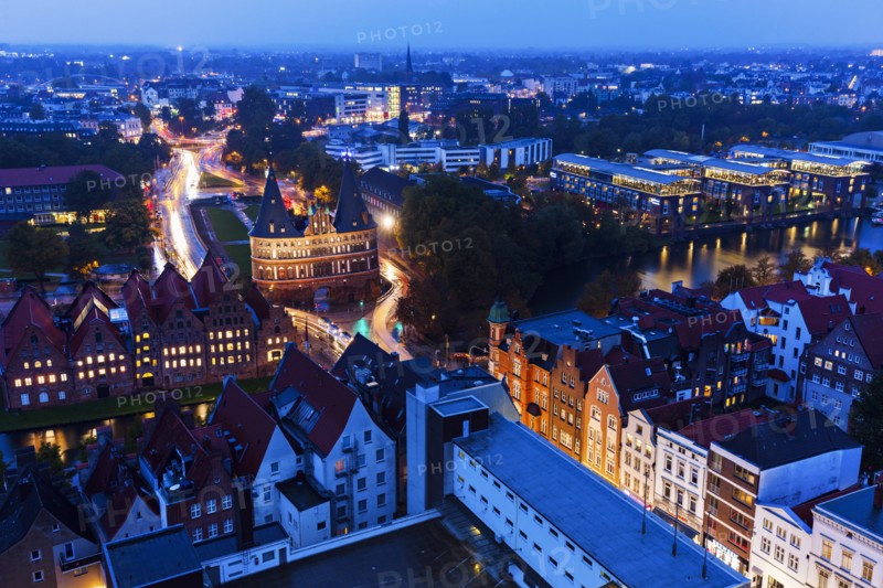 Aerial view of Lubeck with Holstentor Lubeck, Schleswig-Holstein, Germany