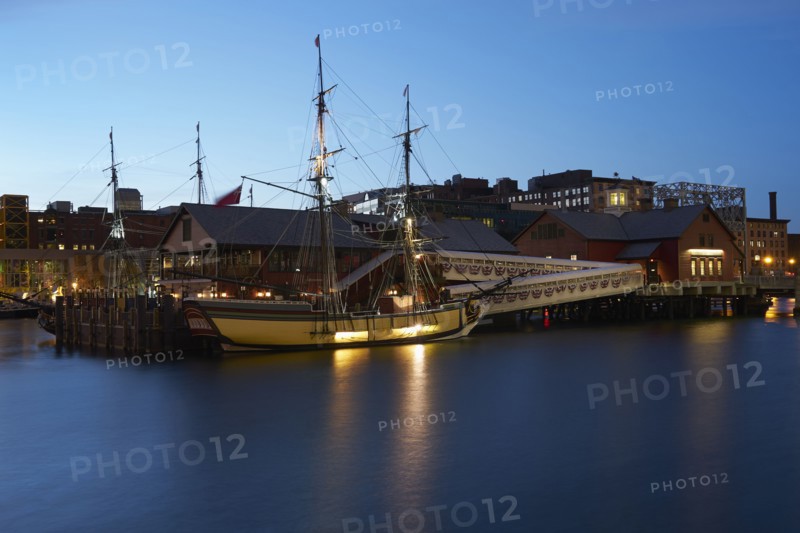 Tall ship and museum at dawn
