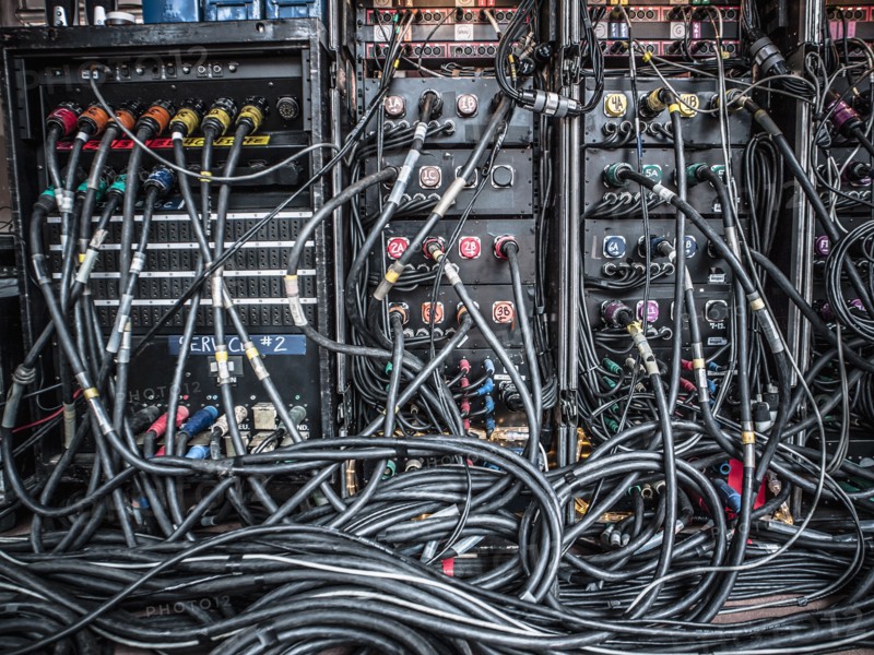Rear view of audio amplifiers and cables