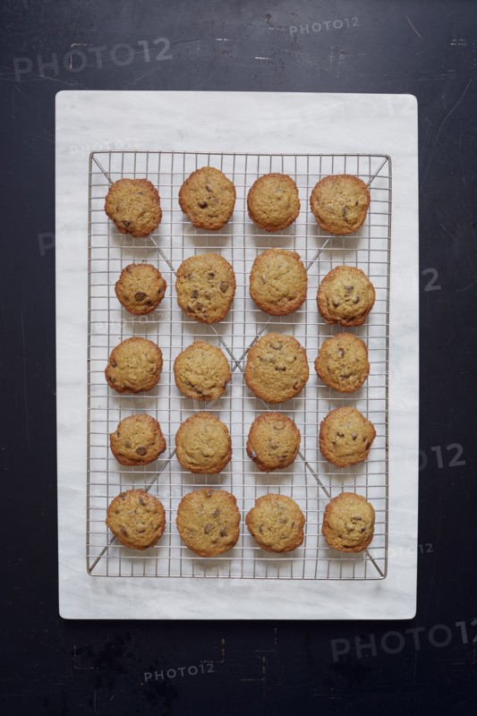 Overhead view of baking sheet with chocolate cookies