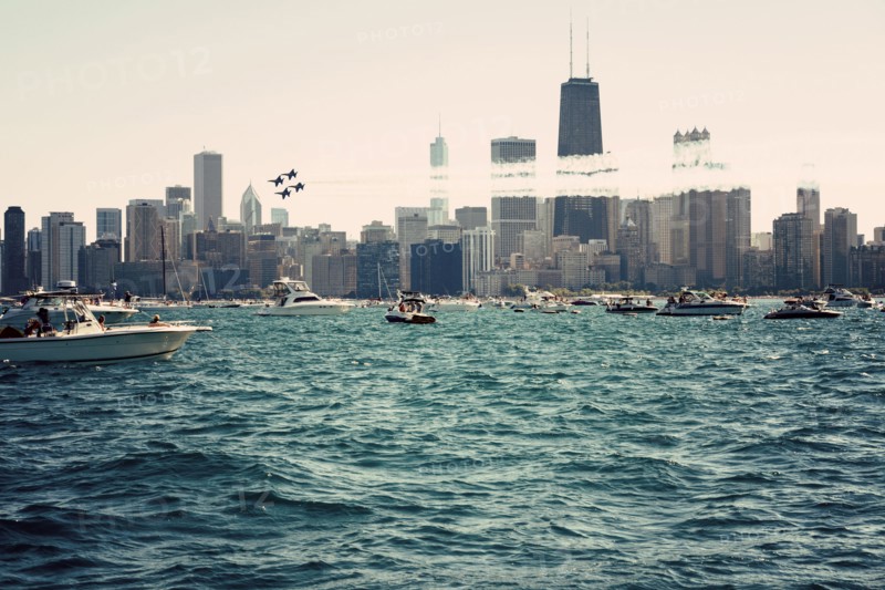 Illinois, Chicago, Air and water show seen from Lake Michigan