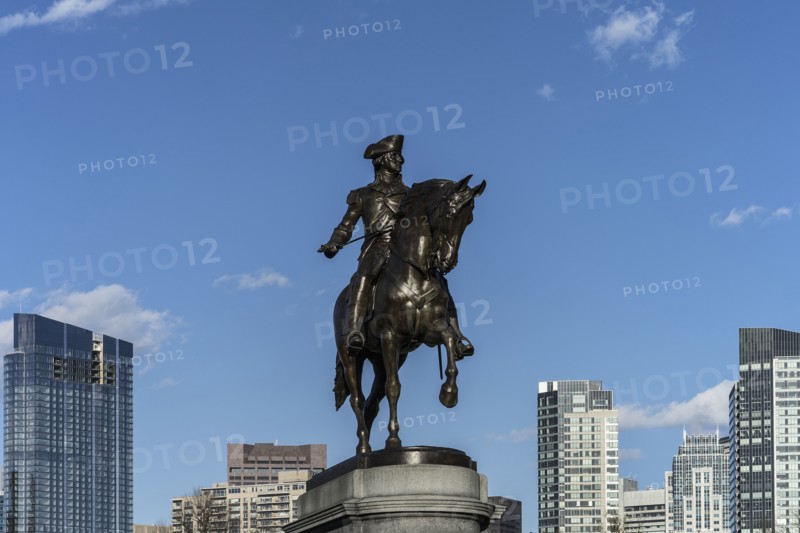 Massachusetts, Boston, Statue of George Washington against blue sky in Boston Public Garden