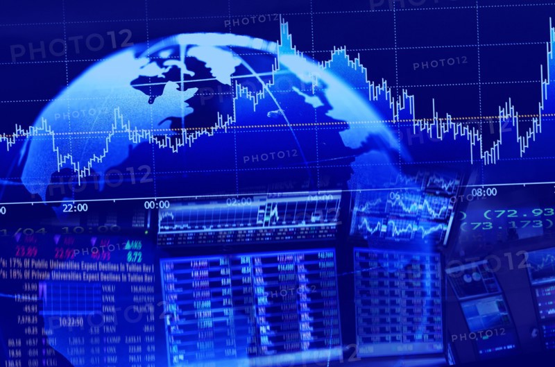 Blue screen with globe and charts.