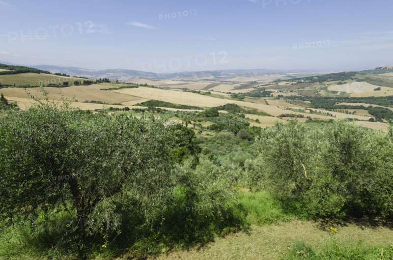 Italy, Tuscany, Pienza, Landscape with blue sky