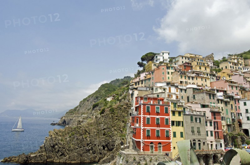 Italy, Cinque Terre, Riomaggiore, Multi colored buildings on hill by sea