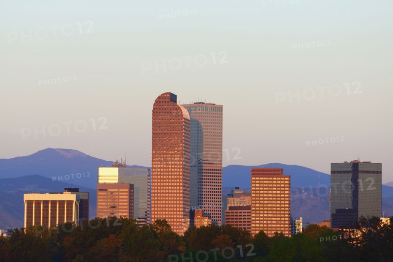 USA, Colorado, Denver, Skyline in background at dawn