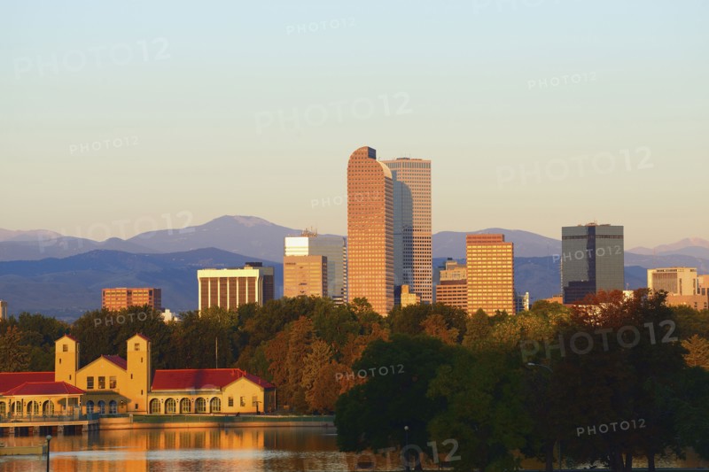 USA, Colorado, Denver, City Park with buildings in background at dawn