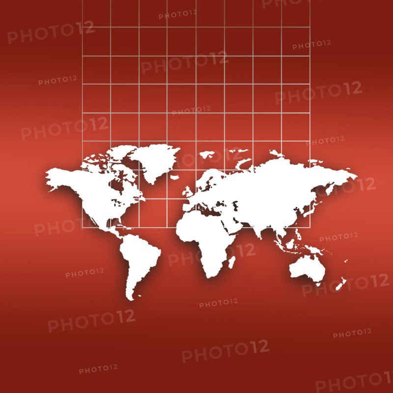 World map outlines and grid on red background.
