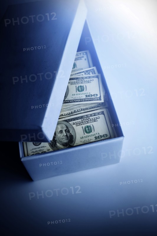100 dollar bills in blue cardboard box.