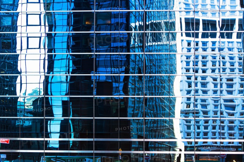 USA, New York, Distorted reflections in office building