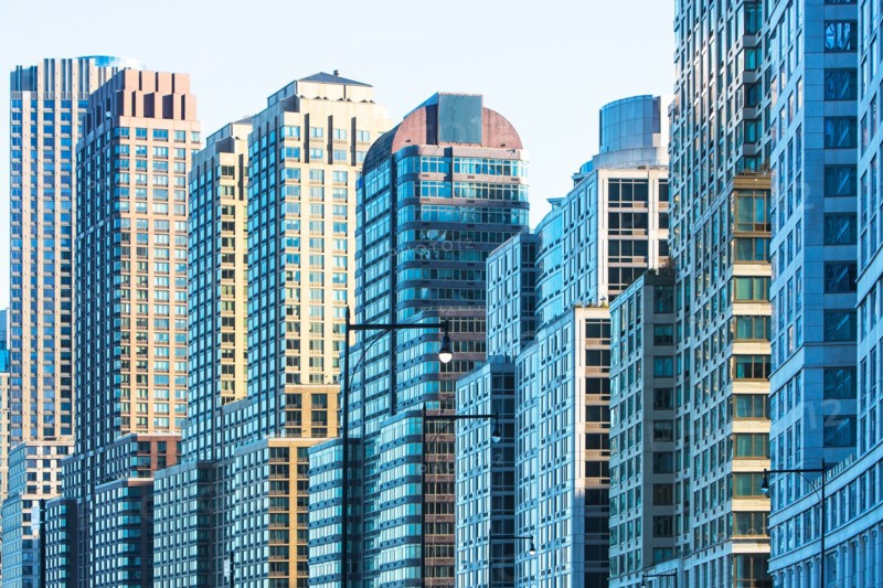 USA, New York, Glass office buildings in financial part of city