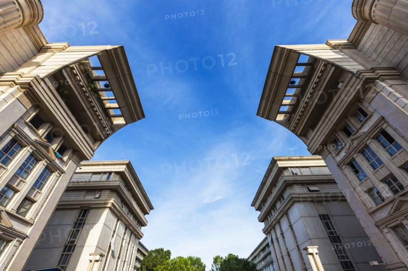 France, Occitanie, Montpellier, Low angle view of modern architecture of Quartier Antigone