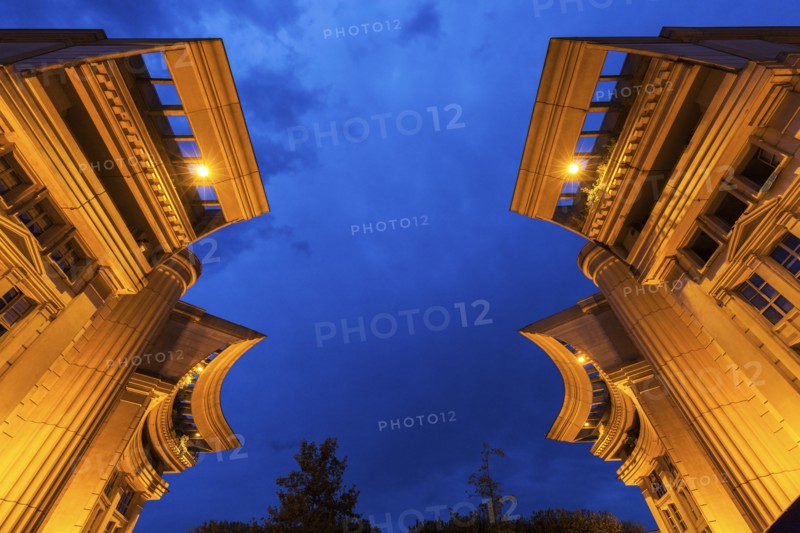 France, Occitanie, Montpellier, Low angle view of modern architecture of Quartier Antigone