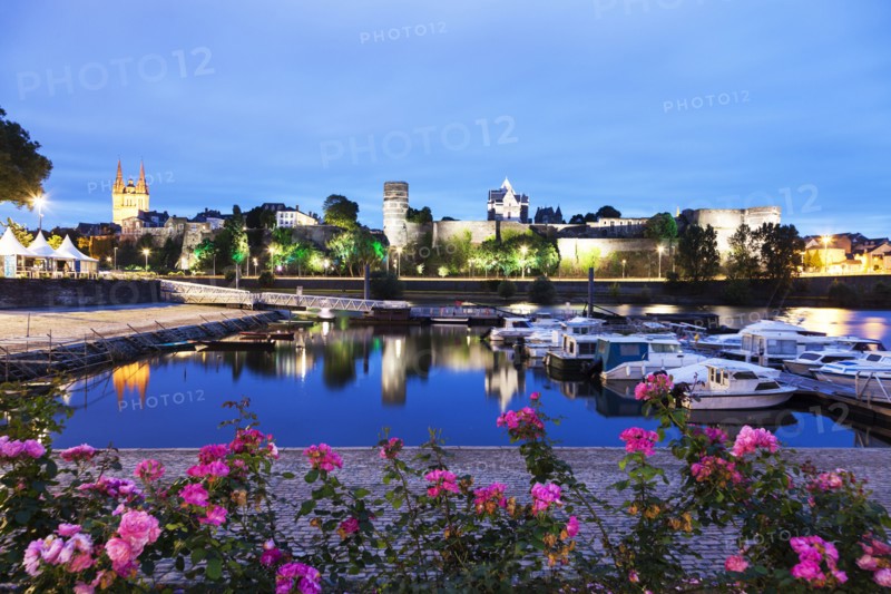France, Pays de la Loire, Angers, Harbor by Chateau d'Angers at dusk