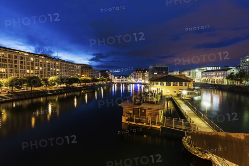 Switzerland, Geneva, Architecture of Geneva along Rhone River