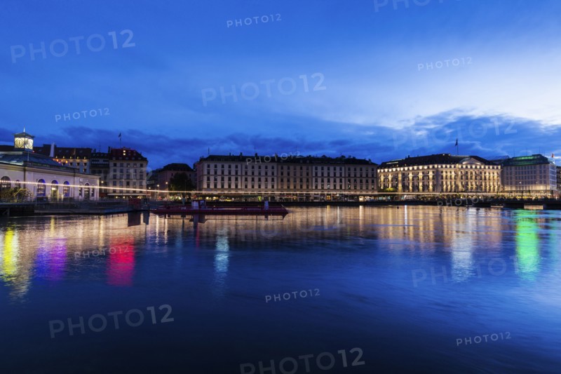 Switzerland, Geneva, Architecture of Geneva along Rhone River
