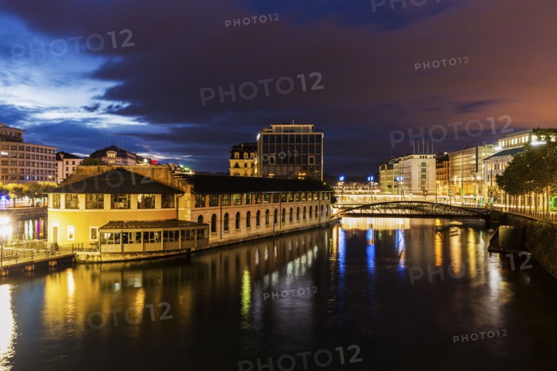 Switzerland, Geneva, Architecture of Geneva along Rhone River