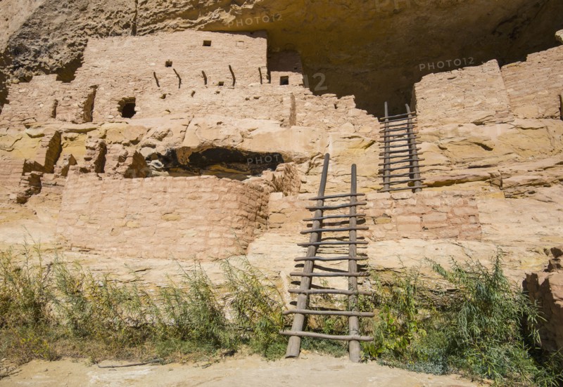 USA, Colorado, Ladders at Long House pueblo ruin in Mesa Verde National Park