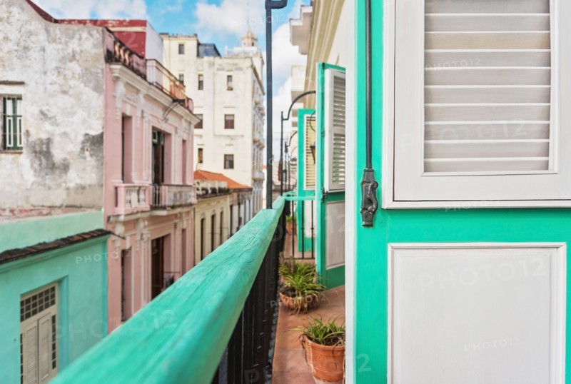 Cuba, Havana, Building terrace with turquoise doors