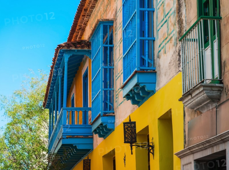 Cuba, Havana, Building exterior with blue windows