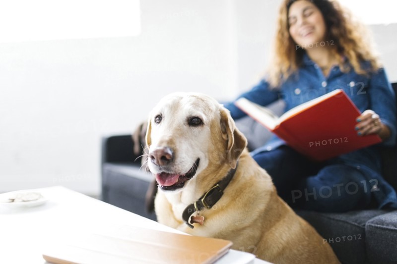 Woman sitting with dog in living room and reading book