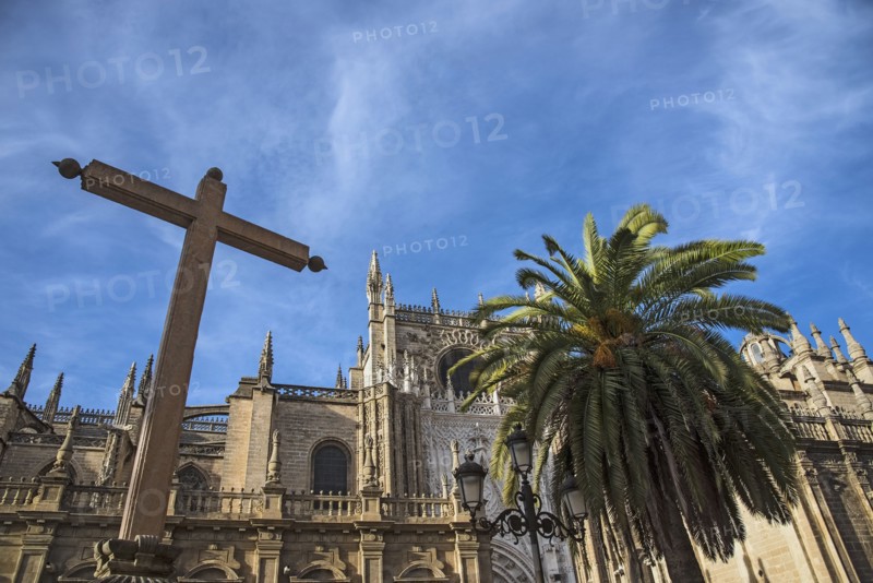 Spain, Andalusia, Seville, Cathedral of Seville with palm tree and cross in foreground
