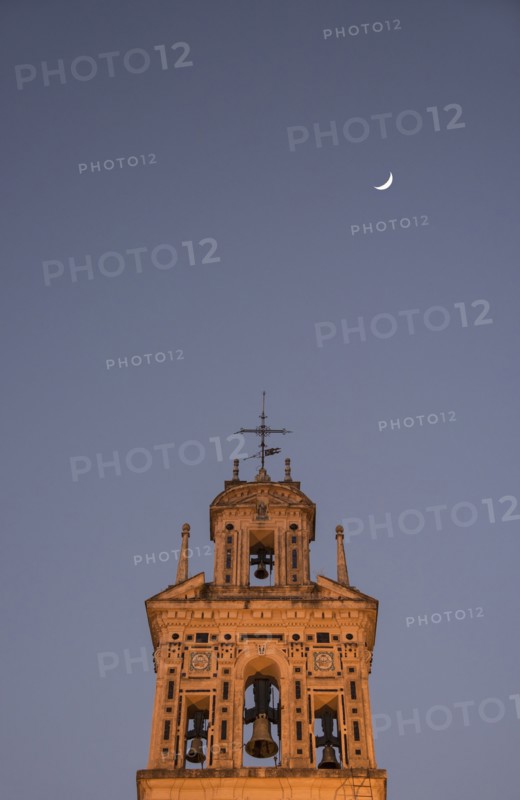 Spain, Seville, Bell tower of Santa Paula Monastery at night