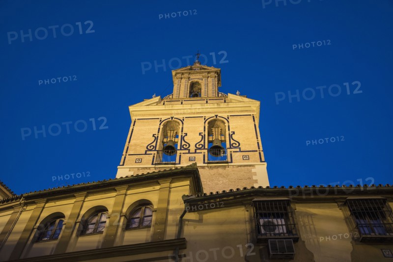 Spain, Seville, Facade of San Juan De La Palma Church at dusk