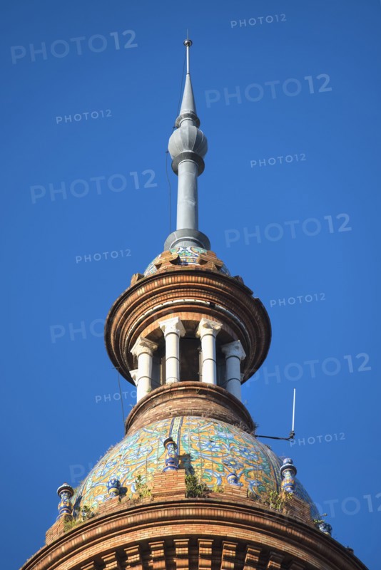 Spain, Seville, Plaza De Espana, High section of ornate tower