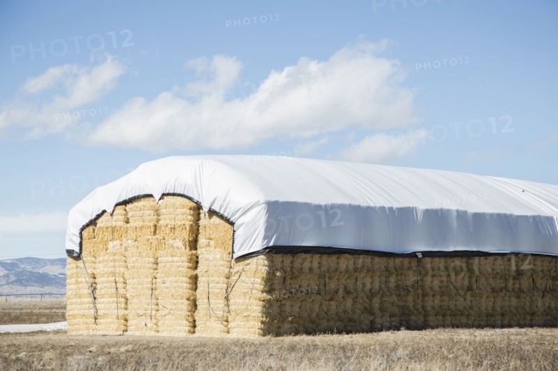 USA, Colorado, Stack of hay covered with tarpaulin