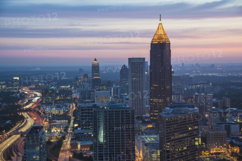 USA, Georgia, Atlanta, Cityscape with skyscrapers at dawn