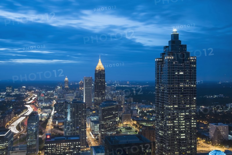 USA, Georgia, Atlanta, Cityscape with skyscrapers at dusk