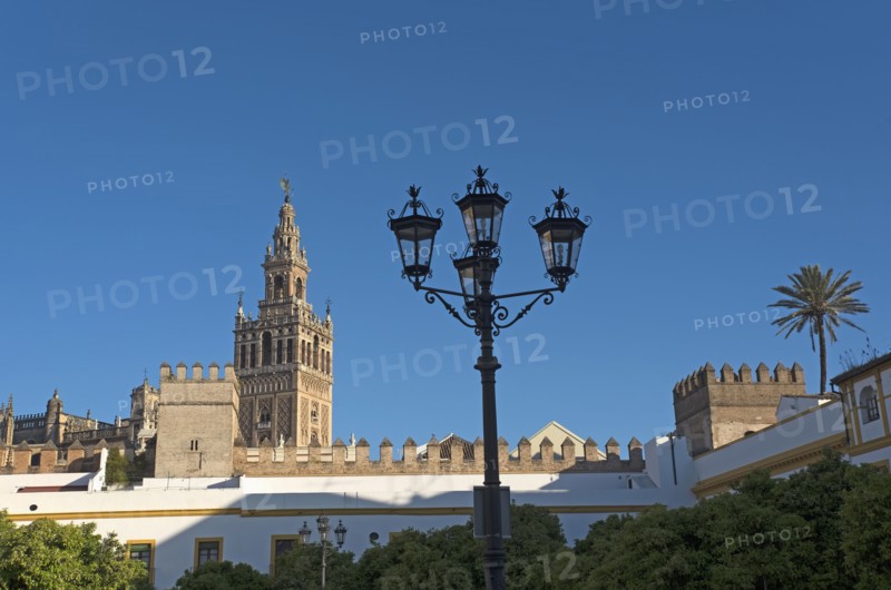 Spain, Andalusia, Seville, La Giralda bell tower of Seville cathedral with ornate street light in foreground