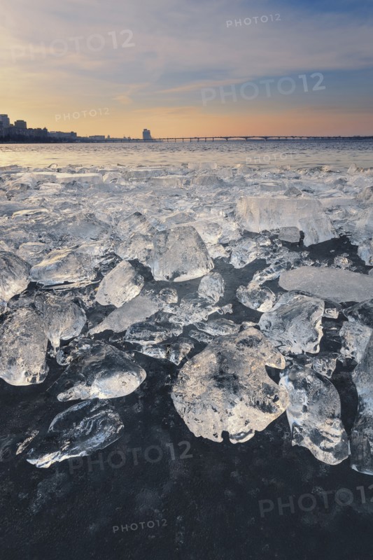 Ukraine, Dnepropetrovsk region, Dnepropetrovsk city, Frozen river with lumps of ice