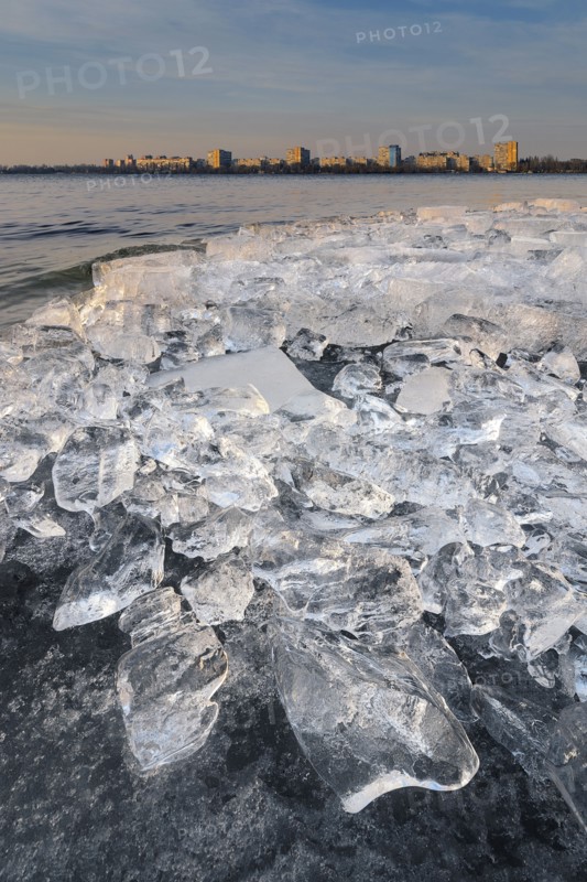 Ukraine, Dnepropetrovsk region, Dnepropetrovsk city, Frozen river with lumps of ice