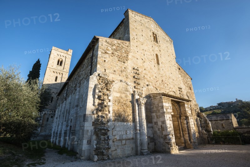 Italy, Tuscany, Montalcino, Facade of Abbey of Sant'Antimo near Montalcino city