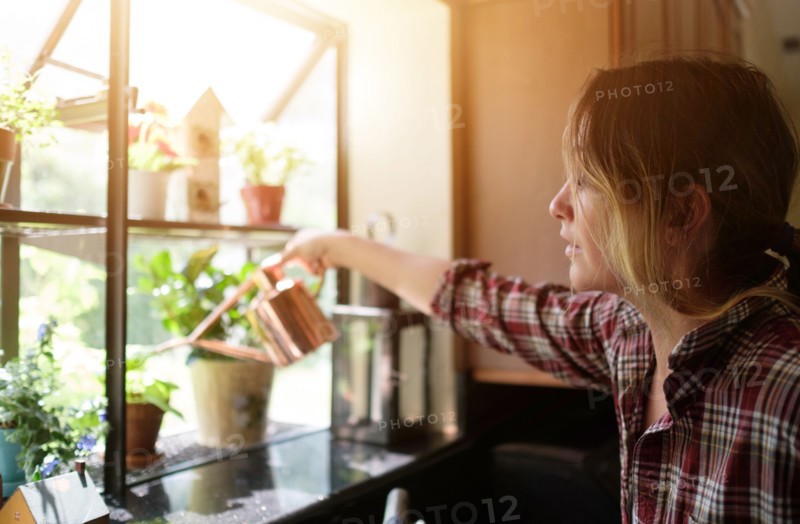 Woman watering plants at home