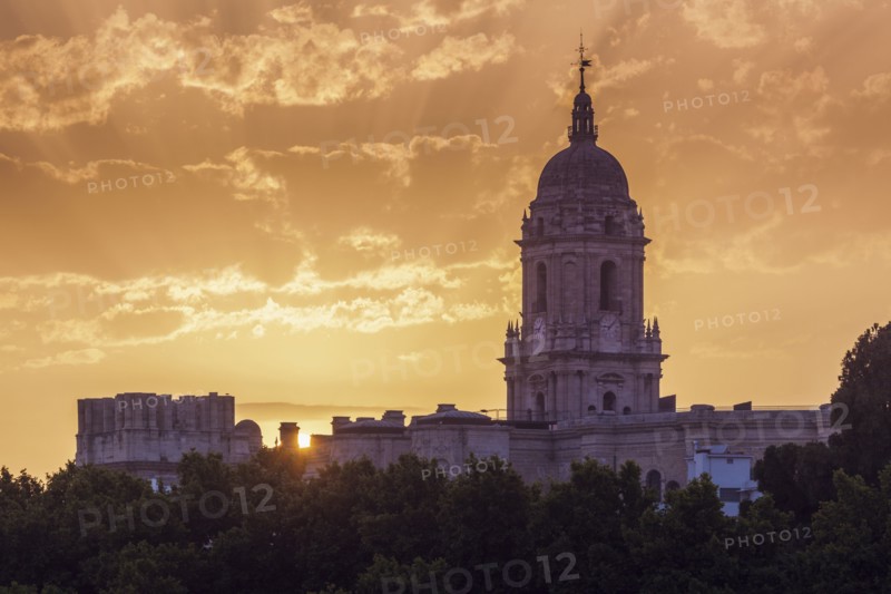 Spain, Andalusia, Malaga, Malaga Cathedral at sunset