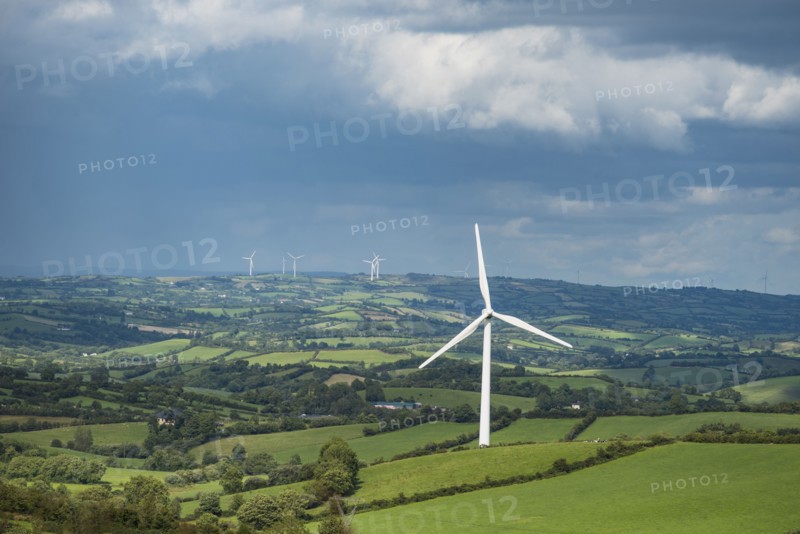 Ireland, County Cavan, Landscape with wind turbines