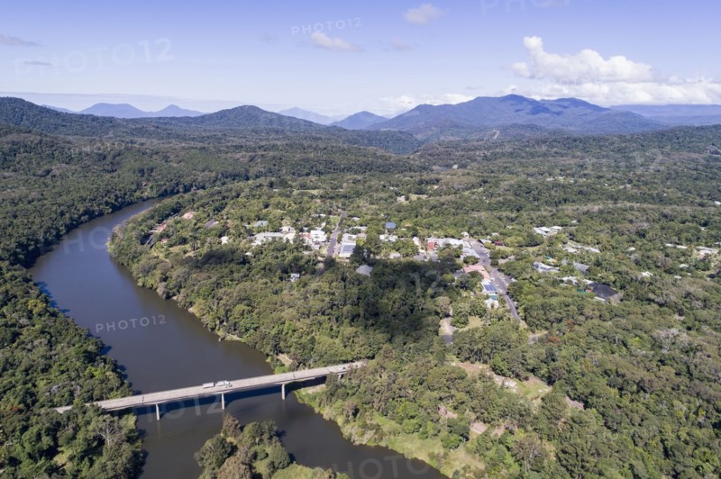 Australia, Queensland, Landscape with bridge and mountain range in background