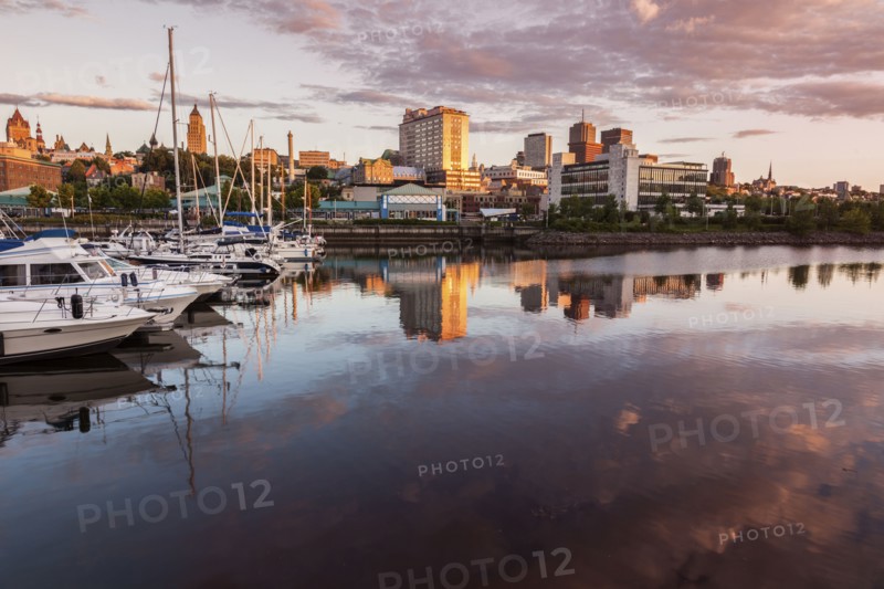 Canada, Quebec, Quebec City, Coastline with marina and architecture