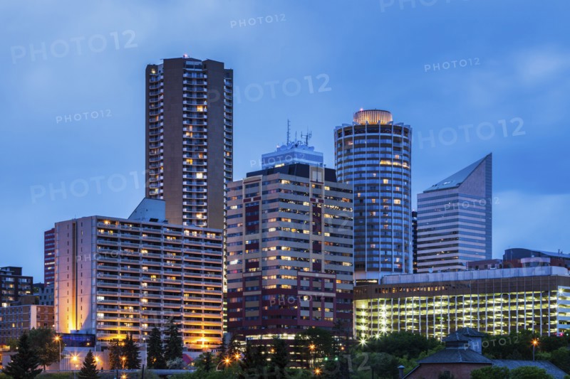 Canada, Alberta, Edmonton, Financial district at dusk