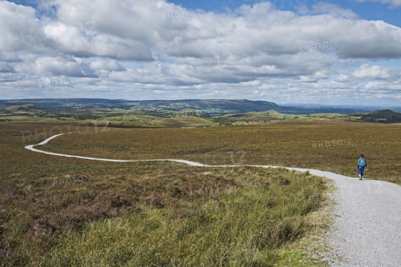 Ireland, Cavan County, Cuilcagh Mountain Park, Woman walking along winding road
