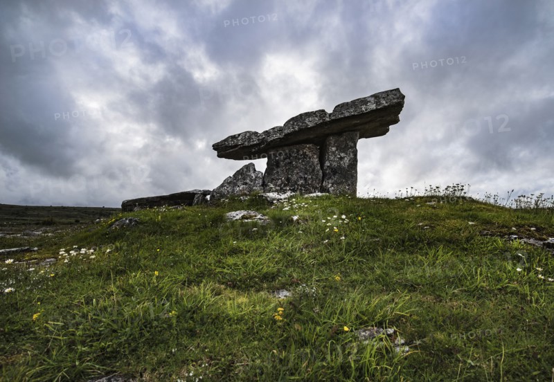 Ireland, Clare County, Burren, Poulnabrone Dolmen under overcast sky