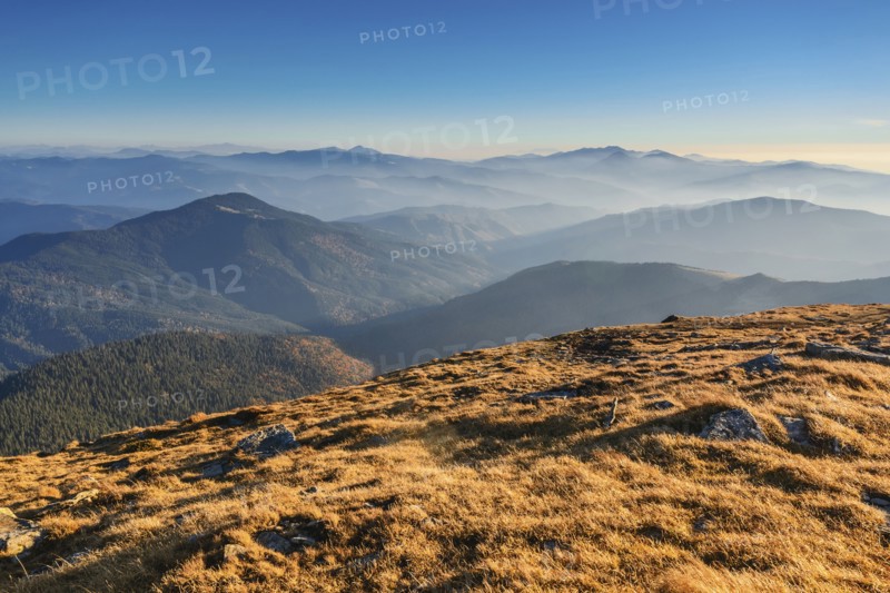 Ukraine, Zakarpattia region, Rakhiv district, Carpathians, Chornohora, Mountain landscape with mountain Hoverla and mountain Petros