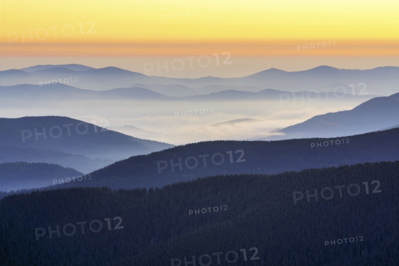 Ukraine, Zakarpattia region, Rakhiv district, Carpathians, Chornohora, Mountain landscape with mist