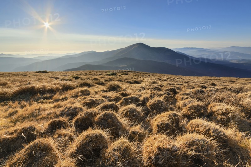 Ukraine, Zakarpattia region, Carpathians, Chornohora, mountain Petros, mountain Hoverla, Blue sky over field