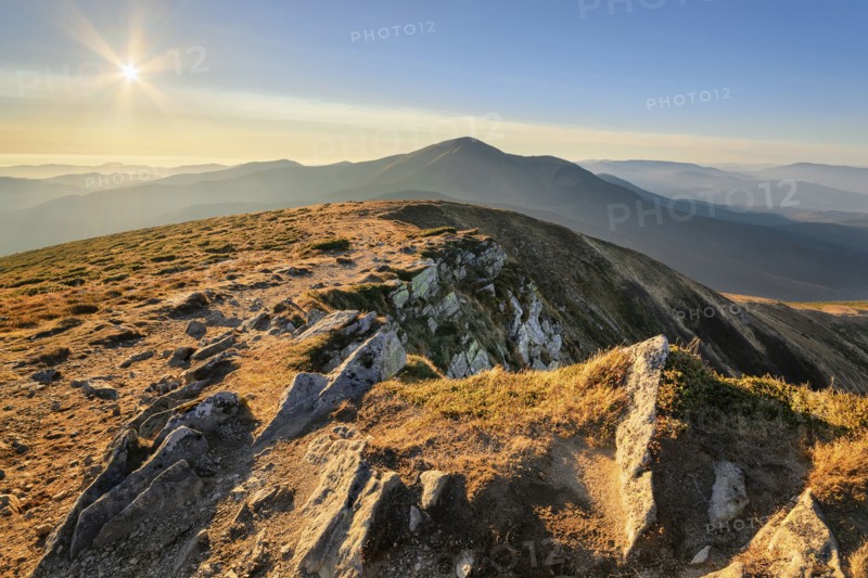 Ukraine, Zakarpattia region, Carpathians, Chornohora, mountain Petros, Blue sky over mountain Hoverla